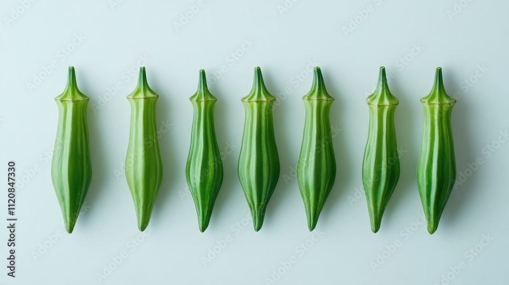Aufkleber fresh okra pods arranged in a line on a pale background showcasing their vibrant green color and uni