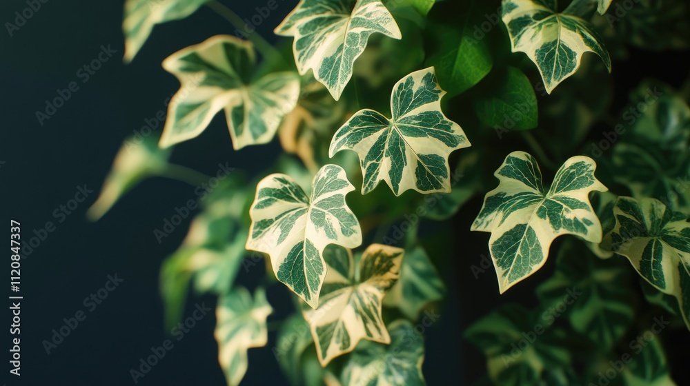 Aufkleber variegated hedera helix leaves showcasing intricate patterns and vibrant greenery against a dark bac