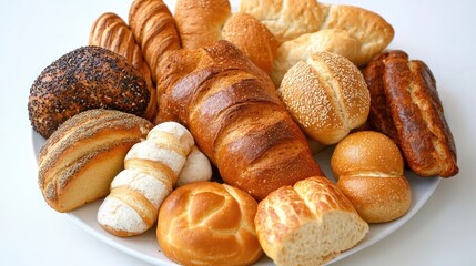 Assorted Bread Varieties Laid Out on a White Plate Captured from Overhead Perspective