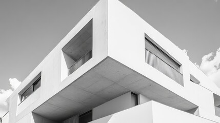 Modern architectural concrete facade showcasing geometric design in black and white perspective from ground level highlighting window arrangement