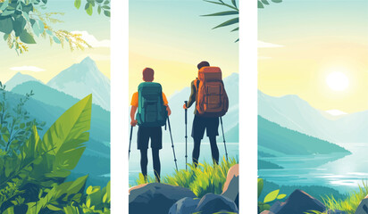 Man stands enjoying aerial view backpacking lifestyle travel adventure template background.