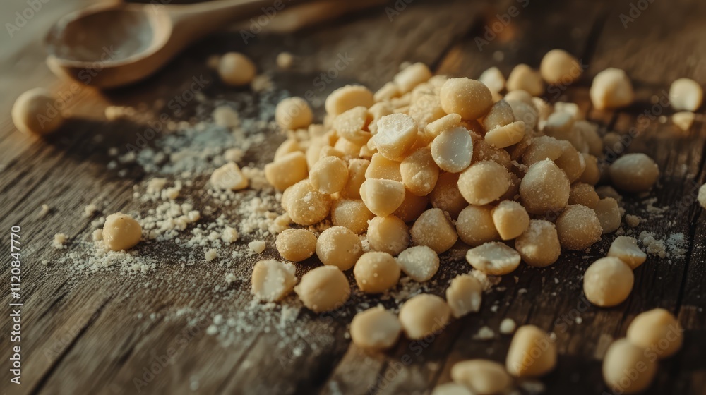 Poster heap of shelled macadamia nuts on rustic wooden surface with scattered nut shells and wooden spoon f