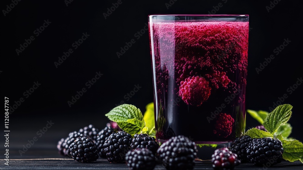 Poster refreshing mulberry juice in a glass with fresh berries and mint leaves on a dark background for a v