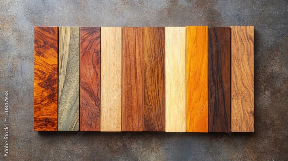 Poster assorted wood board samples showcasing various colors and textures for design and woodworking applic