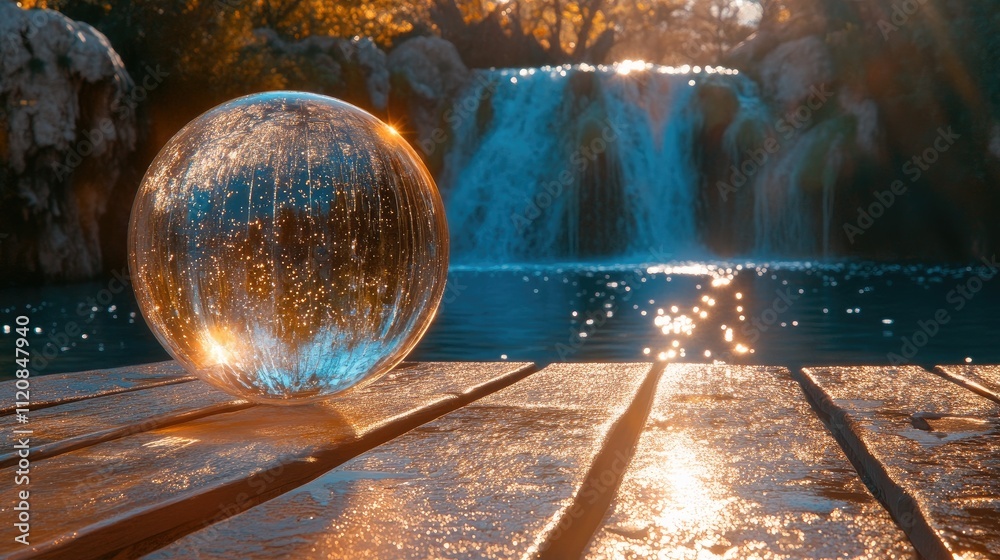 Poster crystal globe reflecting a serene waterfall scene with sunlit splashes on wooden surface in a tranqu