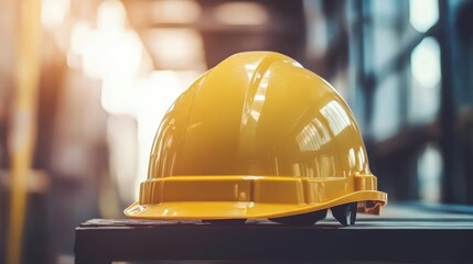 Safety helmet on a workbench in a mining area emphasizing the importance of safety measures in industrial environments