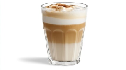 Iced coffee beverage with layered milk and foam served in a clear glass on a bright background for refreshing drink promotion.