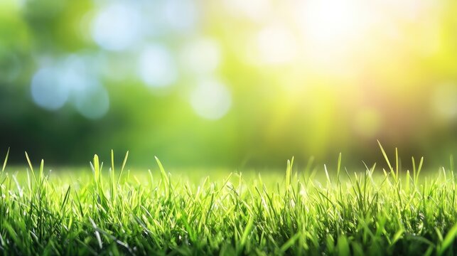 Lush green grass field under a bright sun with a soft bokeh effect creating a serene and refreshing spring atmosphere in nature