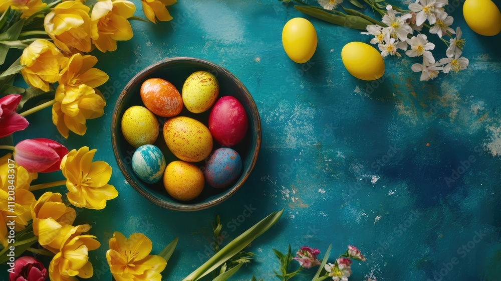 Poster vibrant easter composition with colorful eggs in a bowl surrounded by spring flowers on a textured b