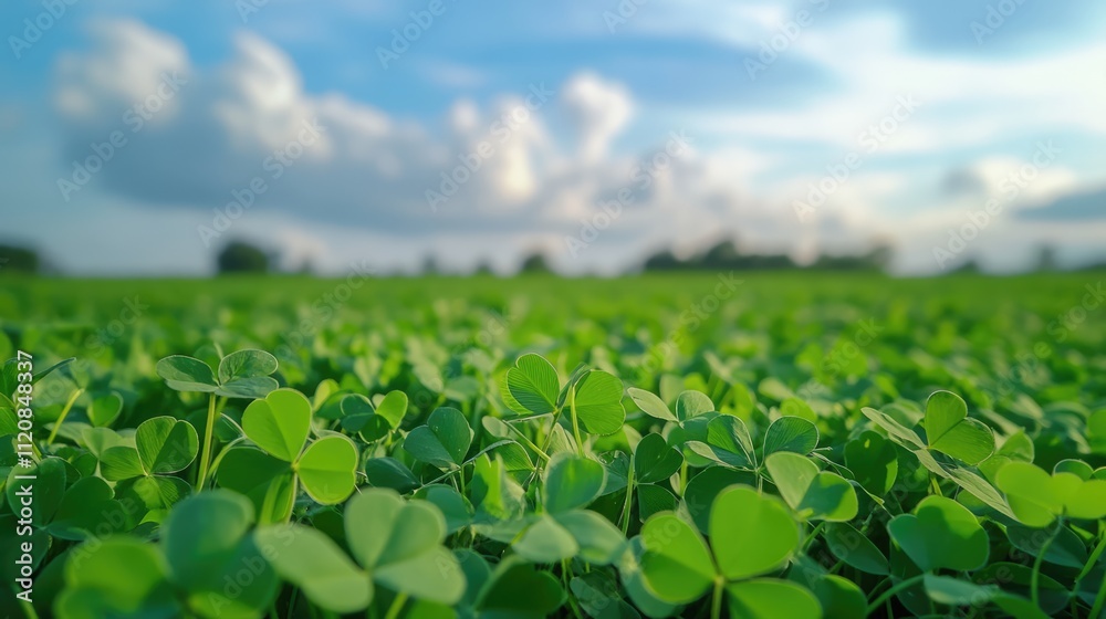 Poster calm clover field under a blue sky with soft clouds during sunset in northern bohemia capturing sere