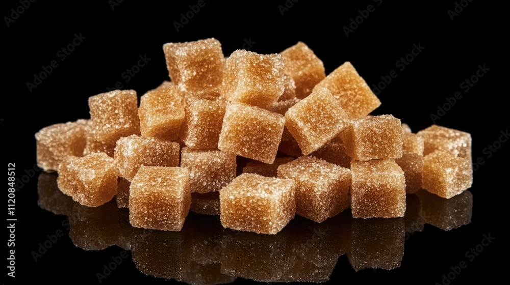 Poster brown cane sugar cubes arranged artistically against a black backdrop highlighting their texture and