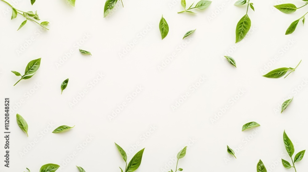 Poster fresh green leaves scattered on a neutral background creating a natural and vibrant botanical patter