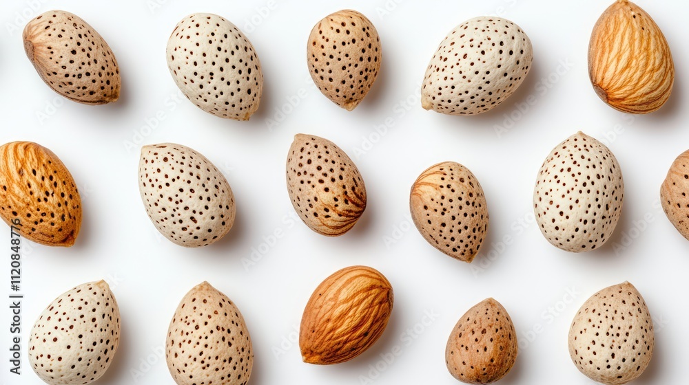 Aufkleber almond nuts assortment arranged on a white background showcasing their unique textures and colors in