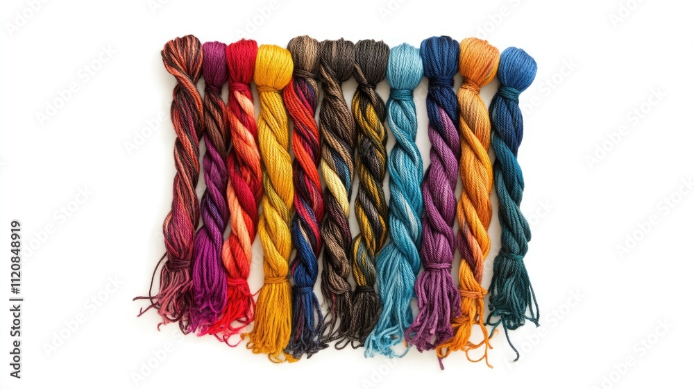 Aufkleber Colorful embroidery thread hanks neatly arranged on a white background showcasing a vibrant array of hues for crafting projects.