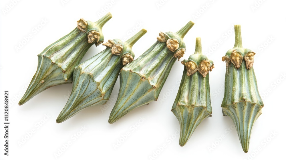 Poster fresh okra pods arranged on a white background showcasing their unique shape and vibrant green color