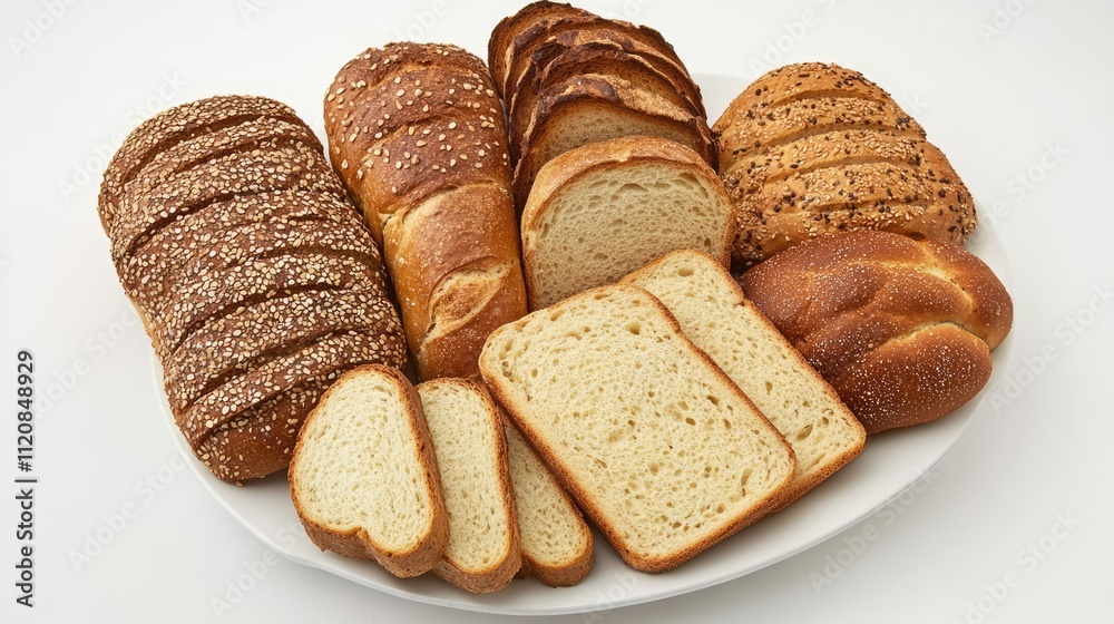 Poster assorted breads displayed on a white plate showcasing diverse textures and colors ideal for culinary