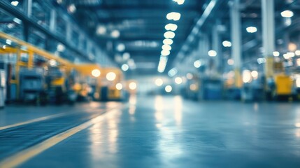 Blurred industrial factory interior showcasing machinery and equipment with ambient lighting for background use in manufacturing themes.