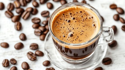 Fototapeta premium Steaming cappuccino in clear glass surrounded by roasted coffee beans on a light background showcasing rich textures and colors.