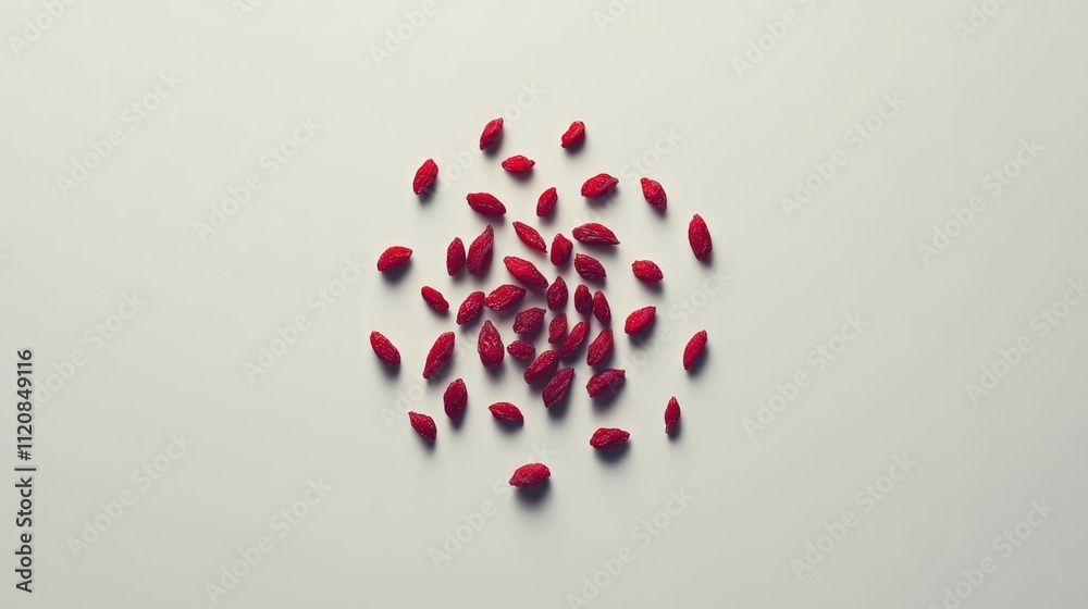 Aufkleber Goji berries arranged in a circular pattern on a neutral background showcasing their vibrant red color and unique shape.