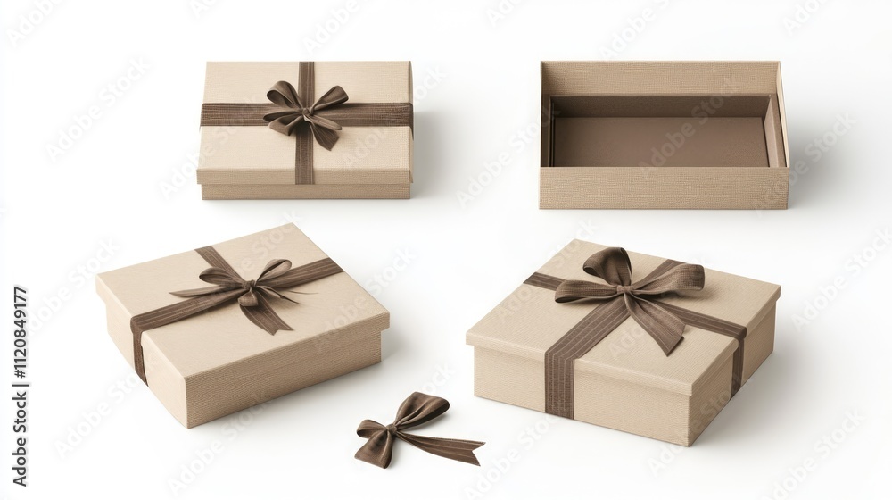 Poster Elegant gift boxes with bows displayed from multiple angles on a clean white background for festive or promotional use.