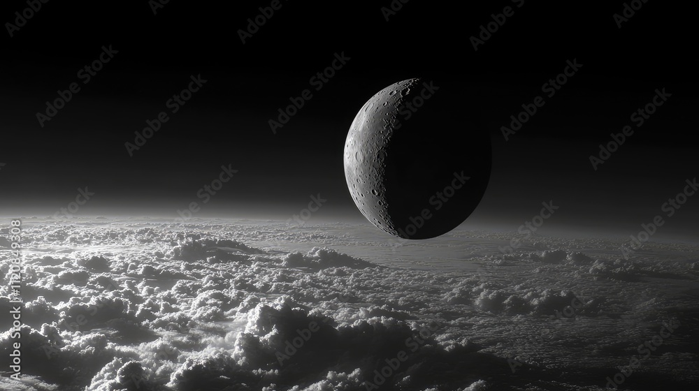 Poster black and white half moon in azure sky above clouds showcasing lunar surface details perfect for cel