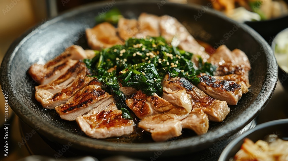 Poster Grilled pork dish served on a rustic plate with vegetables and sesame garnish in an appetizing presentation