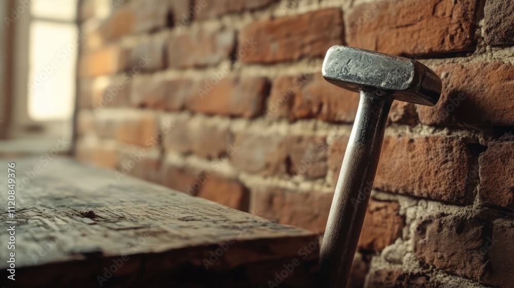 Aufkleber hammer resting on wooden table with a rustic brick wall background ideal for showcasing craftsmanshi