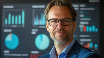 Businessman presenting KPI icons on a digital dashboard for business strategy and analytics in a modern office environment.