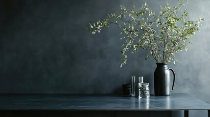 Modern minimalist kitchen table with metal accents and a stylish vase featuring greenery in a grey-toned interior setting.