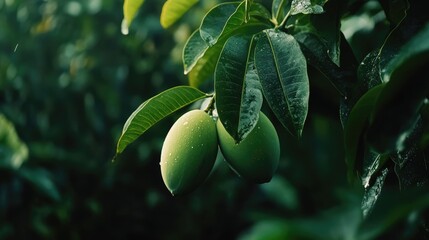 Green mango fruits developing on a tree surrounded by lush foliage with raindrops glistening on leaves in a tropical setting