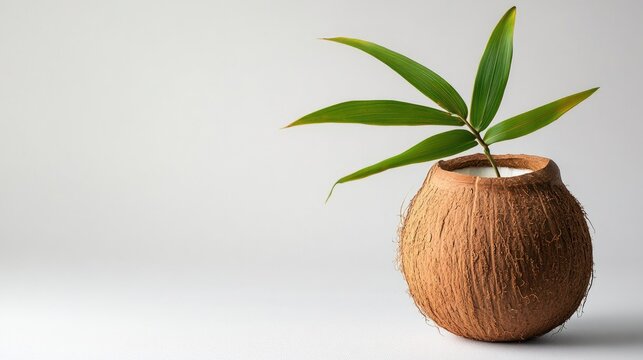 Decorative coconut with green leaf in clay pot symbolizing Indian festival Akshaya Tritiya on minimalistic white background