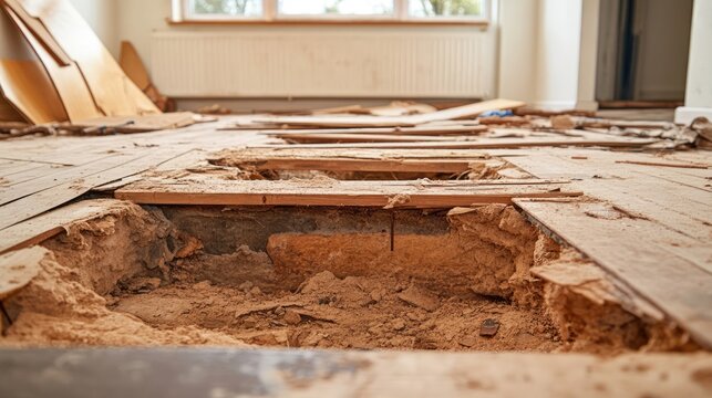 Home renovation revealing foundation issues with rotting joists and exposed plaster walls in a damaged wooden floor setting.