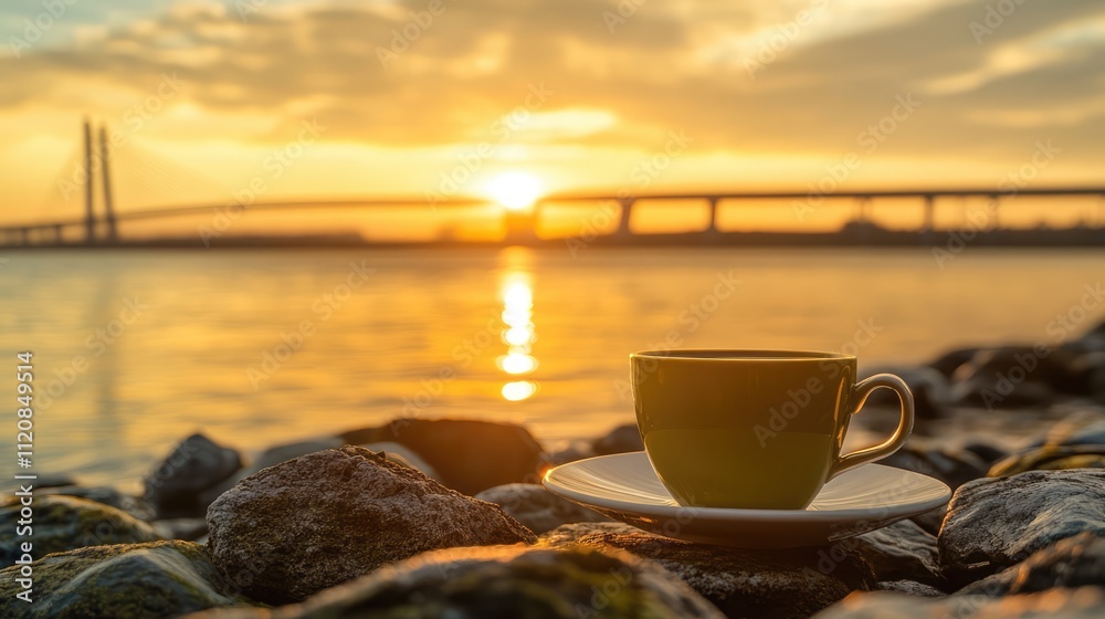 Poster golden sunset over shoreline with sealink bridge in background and coffee cup on rocks in foreground