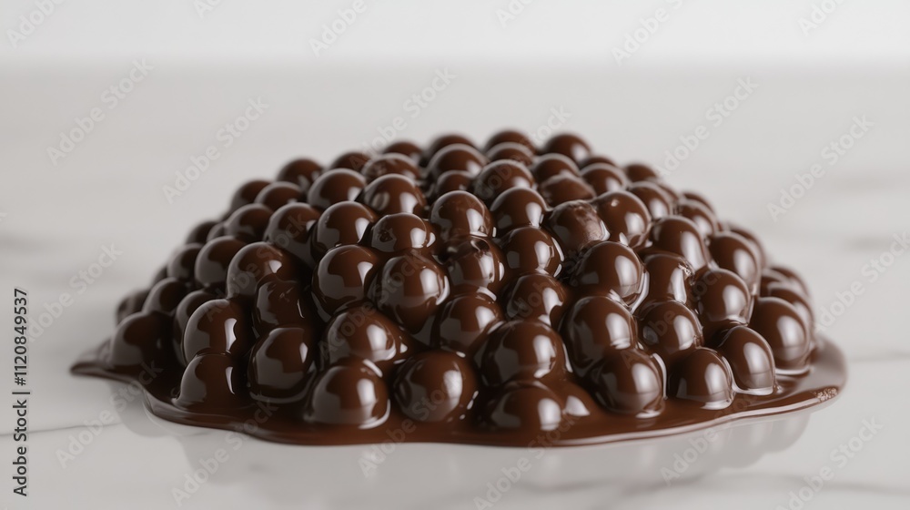 Poster Heap of glossy chocolate bubbles melting on a smooth light background creating an enticing dessert texture and visual appeal.
