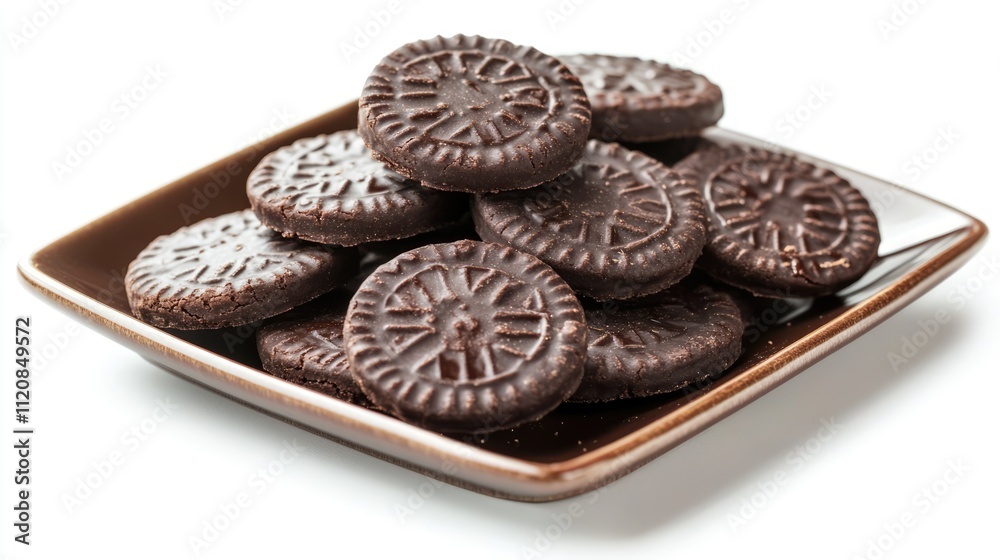 Aufkleber Chocolate cookies arranged on a square plate with a white background emphasizing their rich color and texture ideal for dessert promotions.