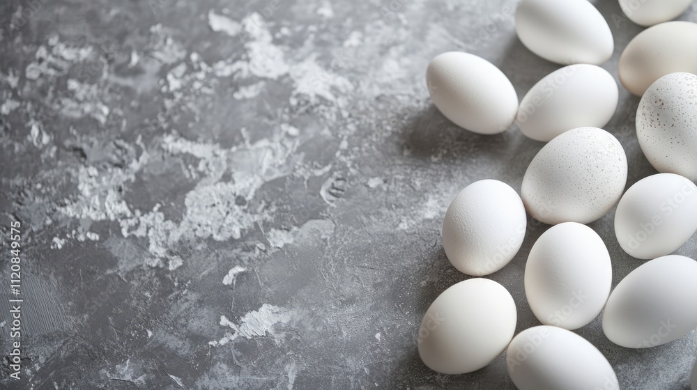Aufkleber Fresh white eggs arranged on a textured grey surface with ample negative space for text in a vertical orientation and selective focus.