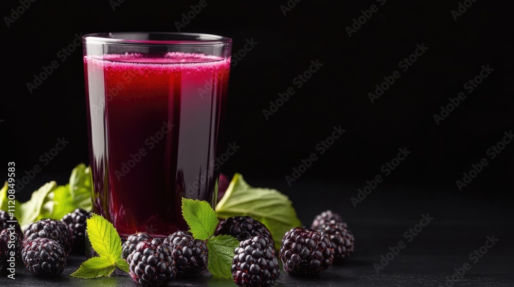 Poster refreshing mulberry juice in a glass with fresh berries and mint leaves on a dark background for a v