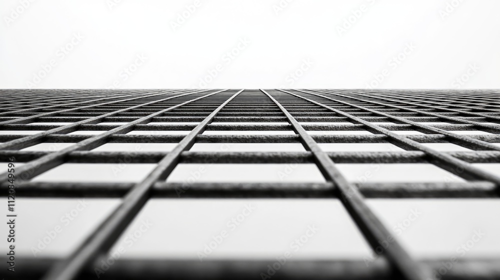 Poster abstract view of metal mesh grid pattern with a minimalistic white background showcasing depth and i