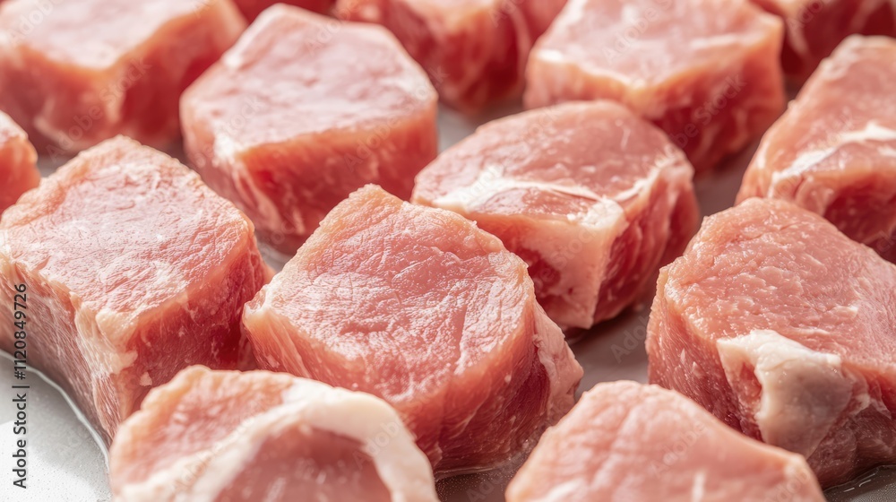 Poster freshly cut pork chunks neatly arranged in a commercial refrigerator showcasing quality meat selecti