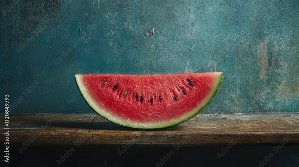 Poster half a watermelon on a rustic wooden table with vibrant red flesh and contrasting green rind against
