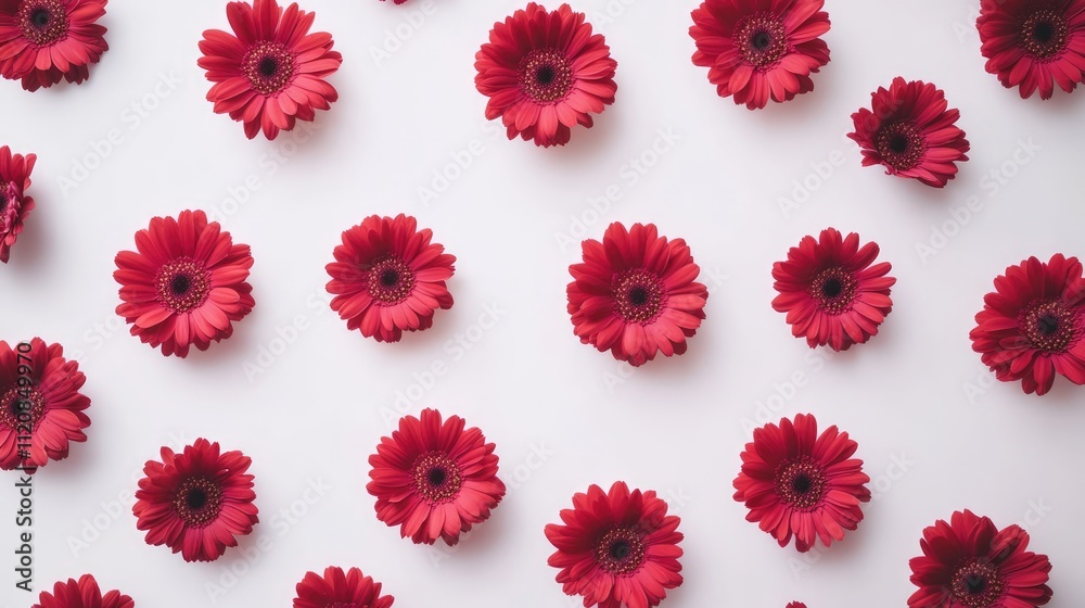 Poster red gerbera daisies arranged in a uniform pattern on a clean white background for floral design and 