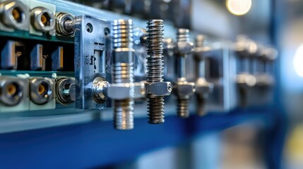Close up of joints with bolts and nuts in an electrical switchboard highlighting industrial components and connections