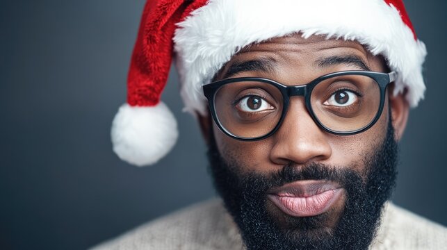 Joyful African American man in Santa hat displaying humorous expressions for festive holiday themes and cheerful seasonal promotions.