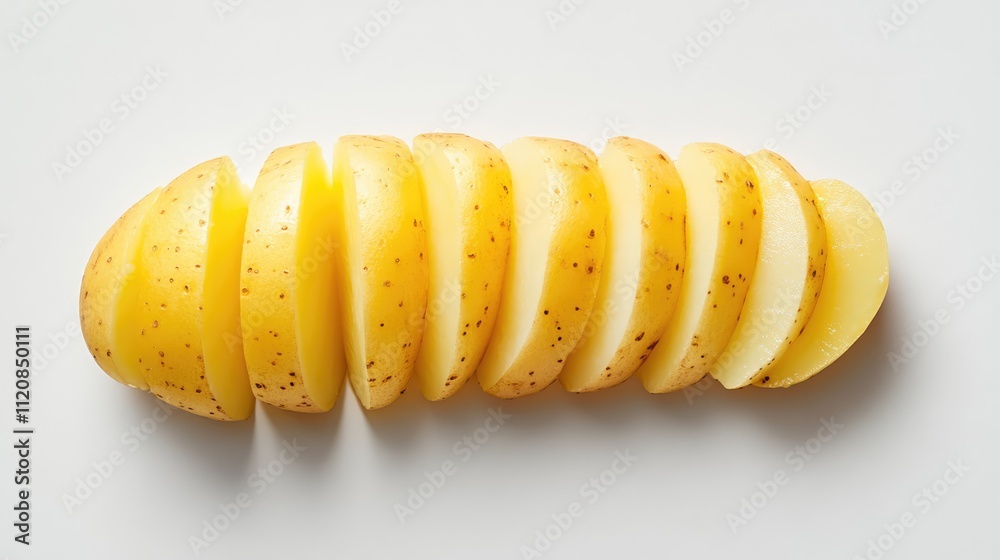 Poster Freshly sliced yellow potatoes arranged neatly on a white background showcasing their texture and color ideal for culinary use.