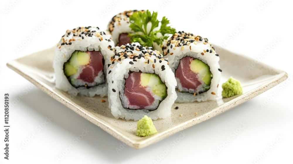 Poster Hamachi sushi rolls with cucumber and sesame seeds elegantly arranged on a square plate with wasabi and garnish on a white background