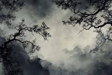 Dark Branches Frame Misty Mountain Landscape