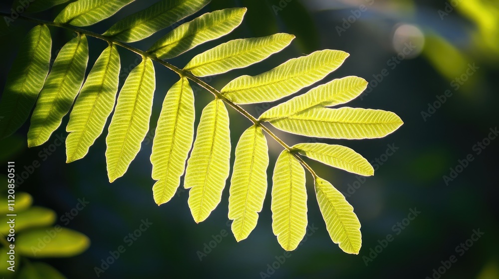 Poster Sunlit green leaf closeup with natural light creating a vibrant background ideal for environmental and nature-themed concepts
