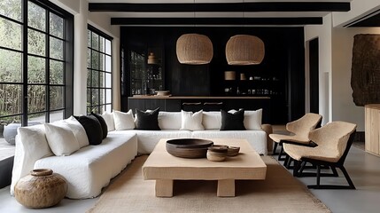 A bright and airy living space featuring natural textures, linen sofas, woven pendant lighting, burlap-accented chairs, layered rugs in earthy tones, large windows providing a view of nature,