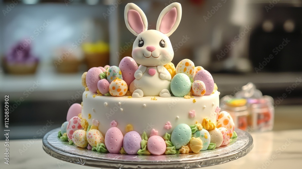 Aufkleber easter themed cake with bunny figurine surrounded by colorful eggs on a festive table setting