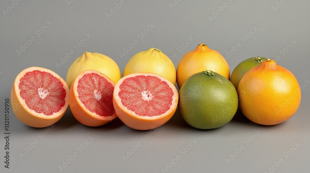 Aufkleber grapefruit assortment showcasing various colors and slices arranged on a neutral background for fres